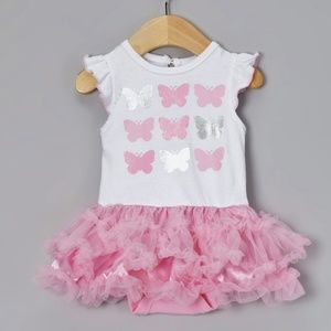 Baby Girl White Pink Butterflies Skirted Bodysuit